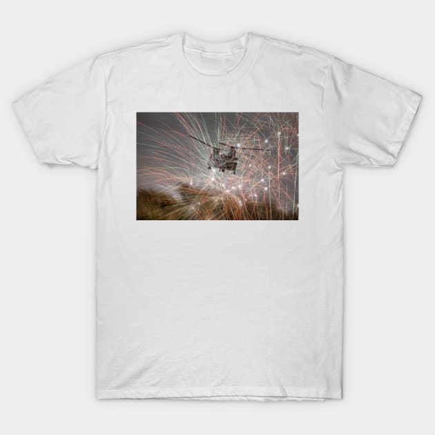 Boeing CH-47 Chinook Helicopter Under Fire T-Shirt by tommysphotos